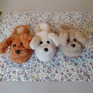 Dog Puppy Slippers House Shoes Rubber Soles Plush Fuzzy Soft Brown White Orange
